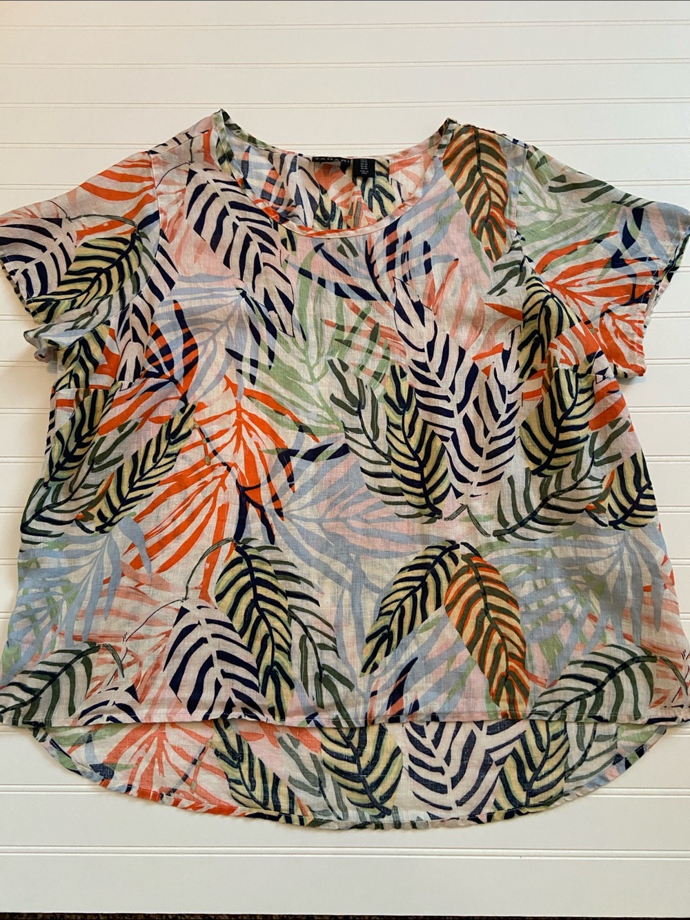 Tahari Multicolor Tropical Leaf Print Short Sleeve 100% Linen Blouse Woman’s 1X
